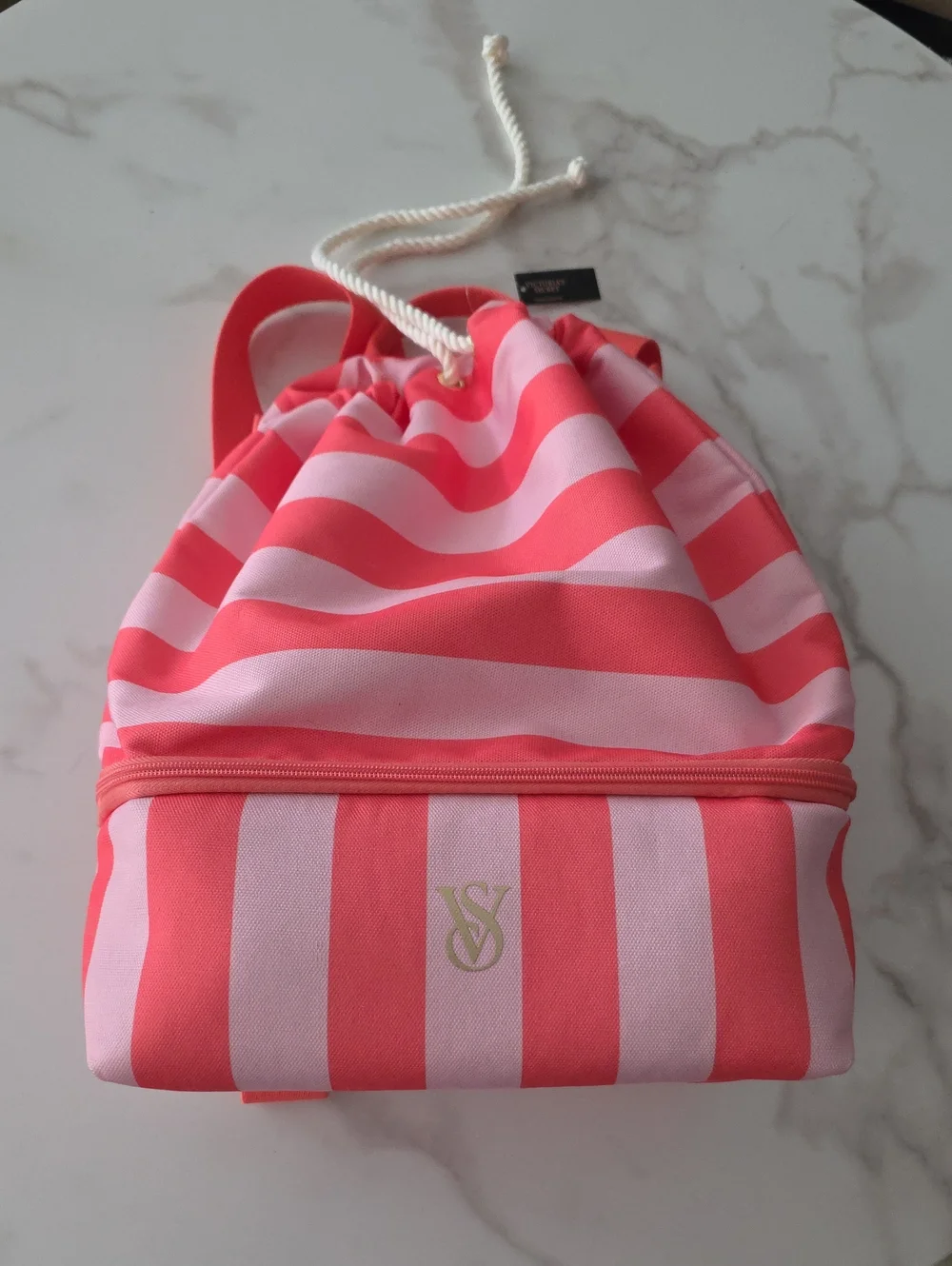 Victoria's Secret Pink & Coral Striped Drawstring Backpack & Lunch Bag (D-1)